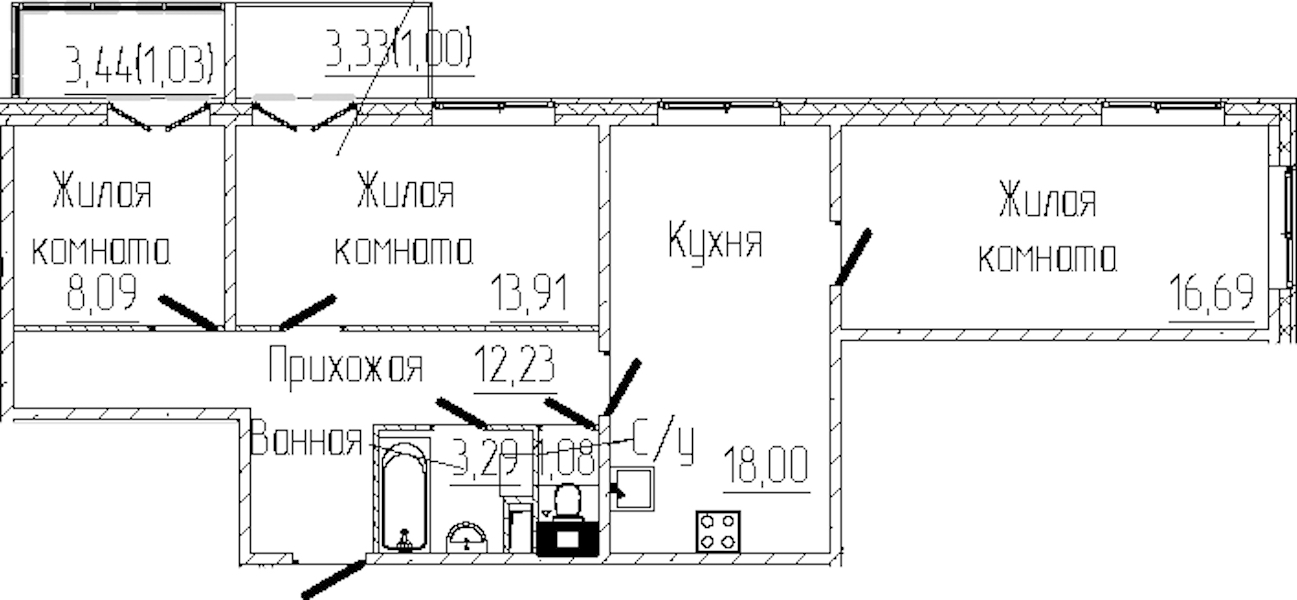 3-комнатная квартира 75.32 м², 3/8 эт., ЖК «SERTOLOVO PARK»